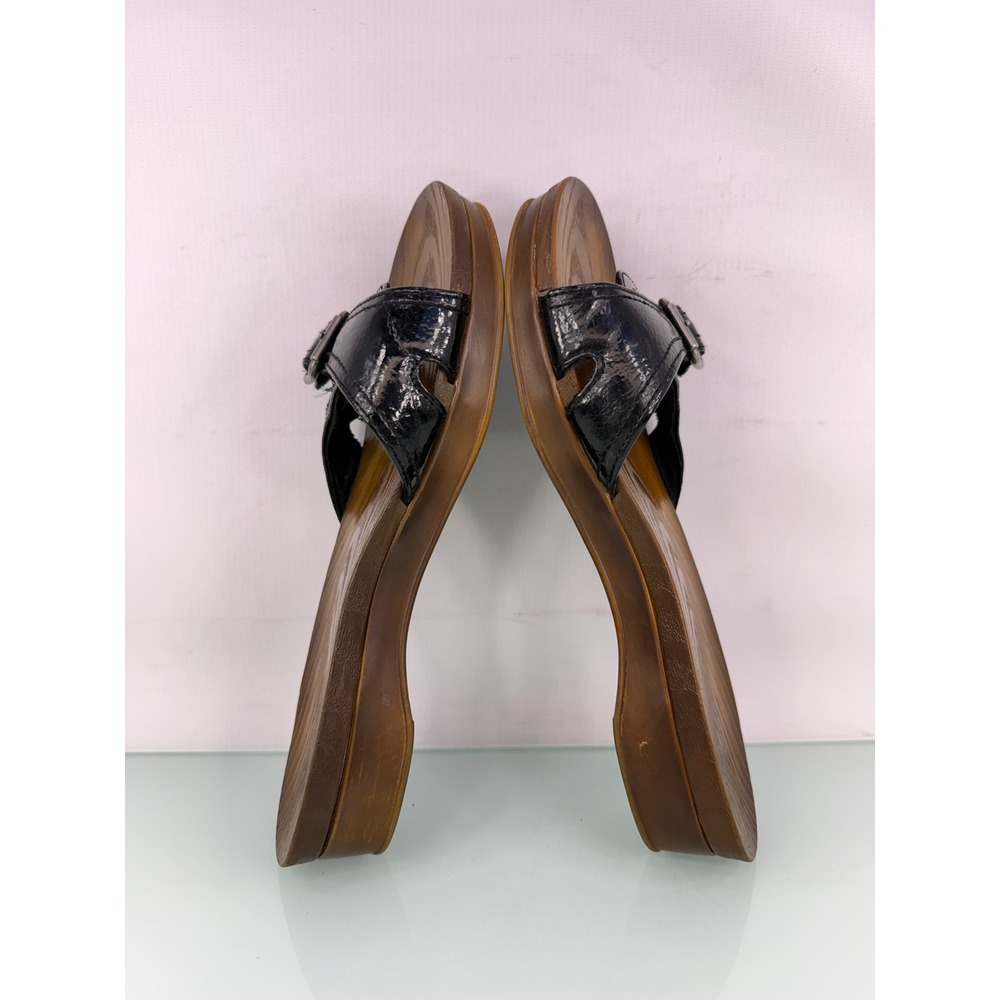 Dr. Scholl's Original Collection Black Patent Slide Sandals 8 Wood Footbed Y2K - Picture 8 of 10